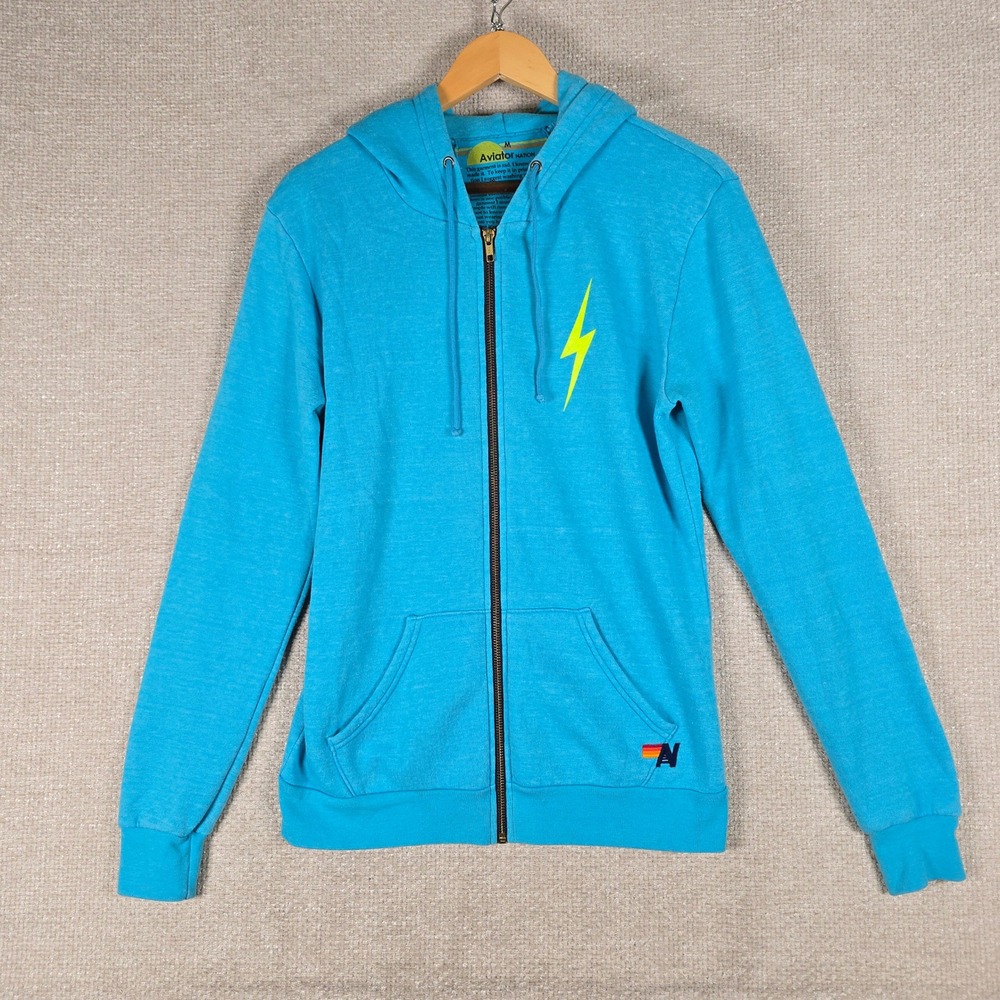 Aviator Nation Mens M Blue Bolt Lightning Zip Hoodie Sweatshirt Made In USA